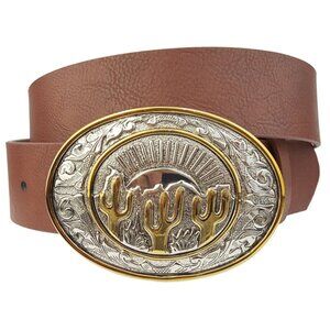 Western-Inspired Catus Theme Oval Buckle belt